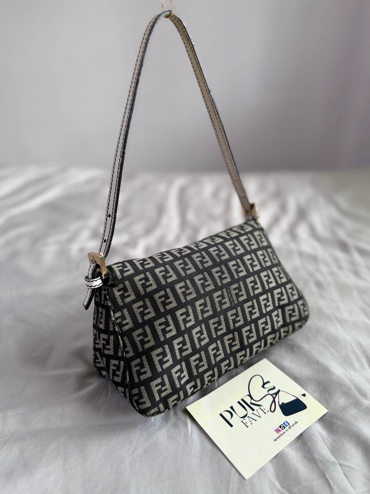 Authentic Vintage Fendi Dark Blue Zucchino Canvas Mini Mamma Baguette Shoulder Bag