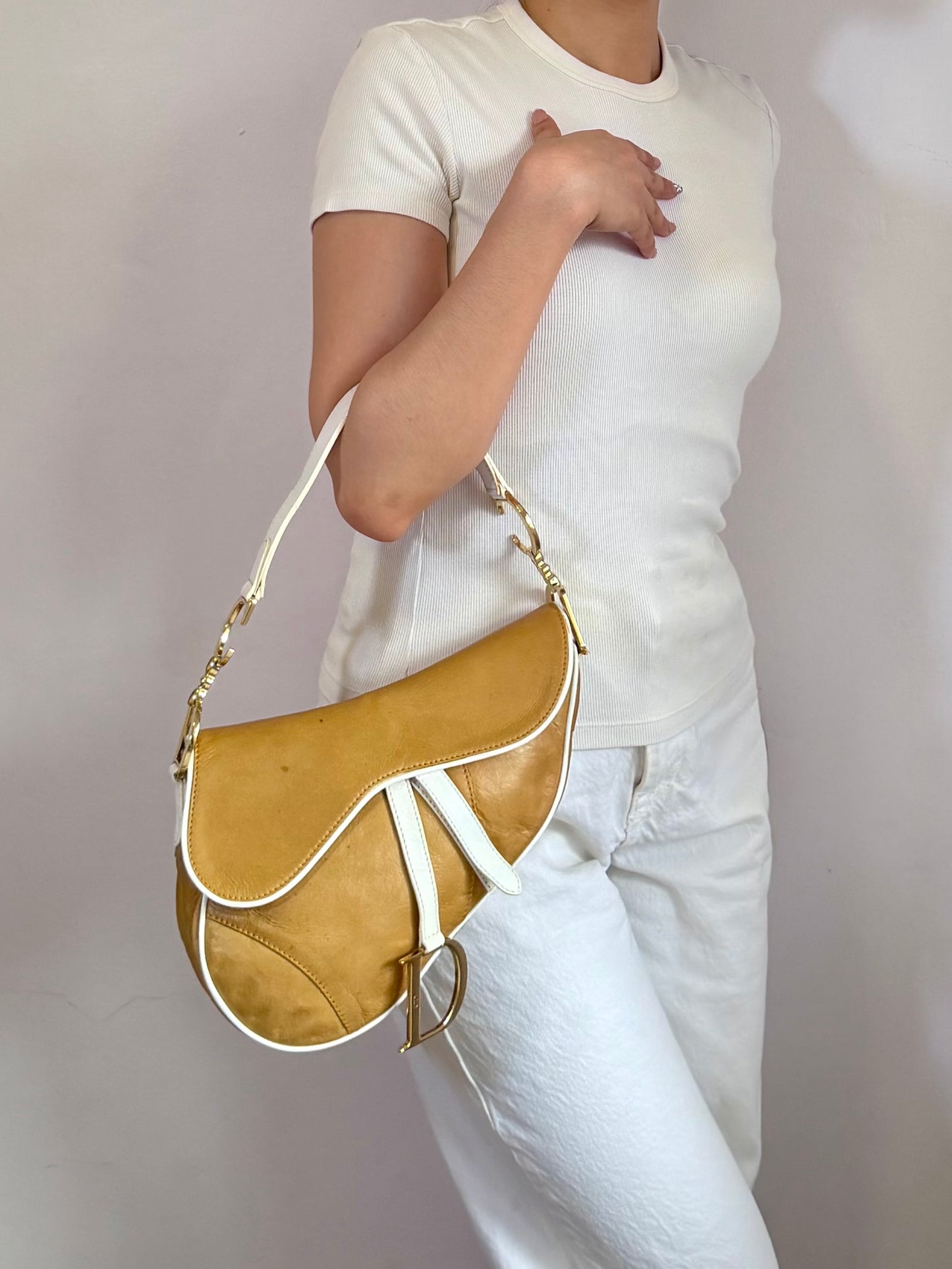 Authentic Vintage Christian Dior by John Galliano Tan Calfskin x White Leather Saddle Bag