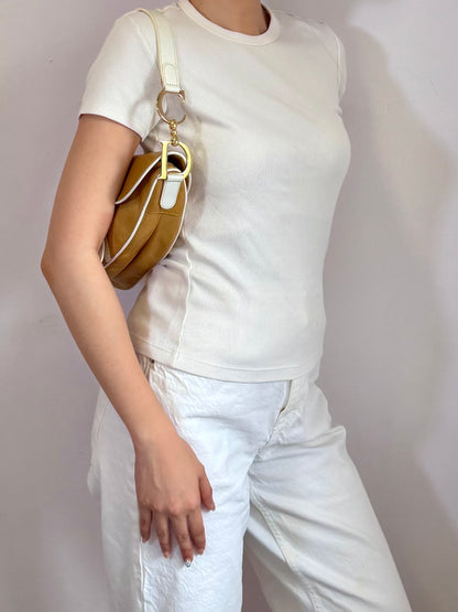 Authentic Vintage Christian Dior by John Galliano Tan Calfskin x White Leather Saddle Bag