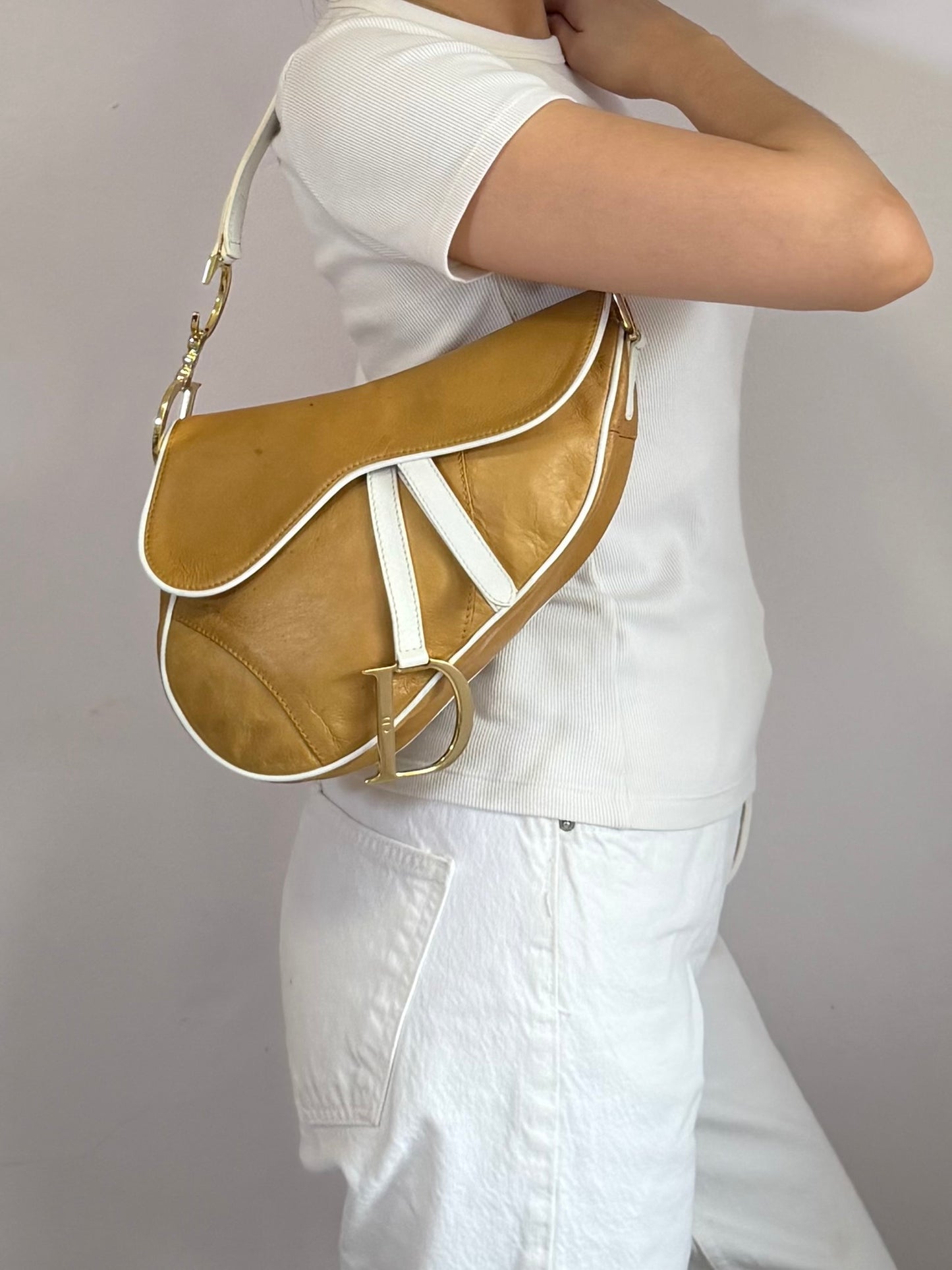 Authentic Vintage Christian Dior by John Galliano Tan Calfskin x White Leather Saddle Bag