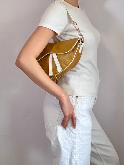 Authentic Vintage Christian Dior by John Galliano Tan Calfskin x White Leather Saddle Bag