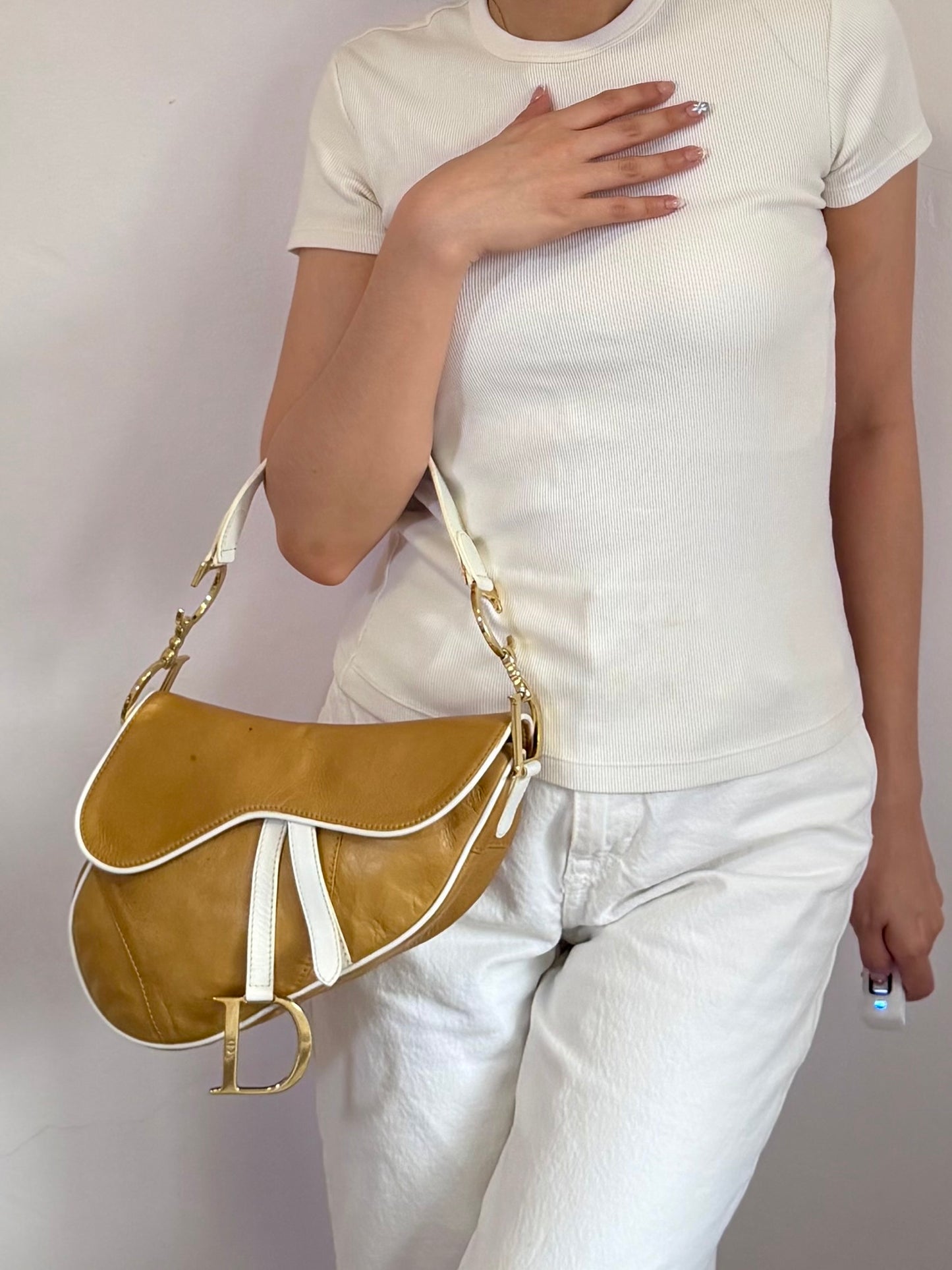 Authentic Vintage Christian Dior by John Galliano Tan Calfskin x White Leather Saddle Bag