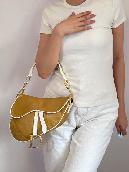 Authentic Vintage Christian Dior by John Galliano Tan Calfskin x White Leather Saddle Bag