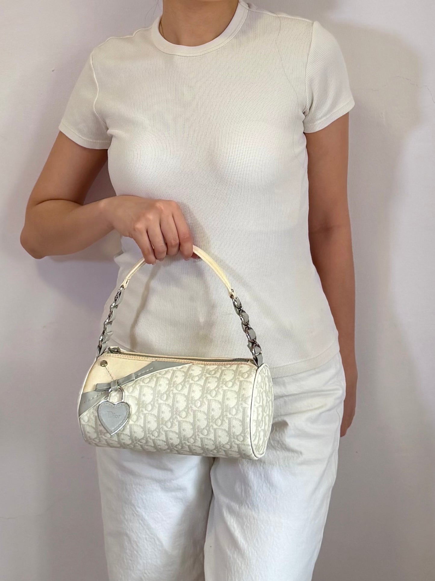 Authentic Vintage Christian Dior by John Galliano White x Grey Trotter Romantic Mini Boston Barrel Bag