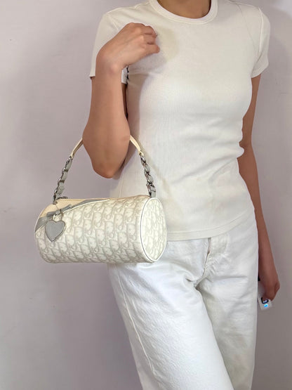 Authentic Vintage Christian Dior by John Galliano White x Grey Trotter Romantic Mini Boston Barrel Bag