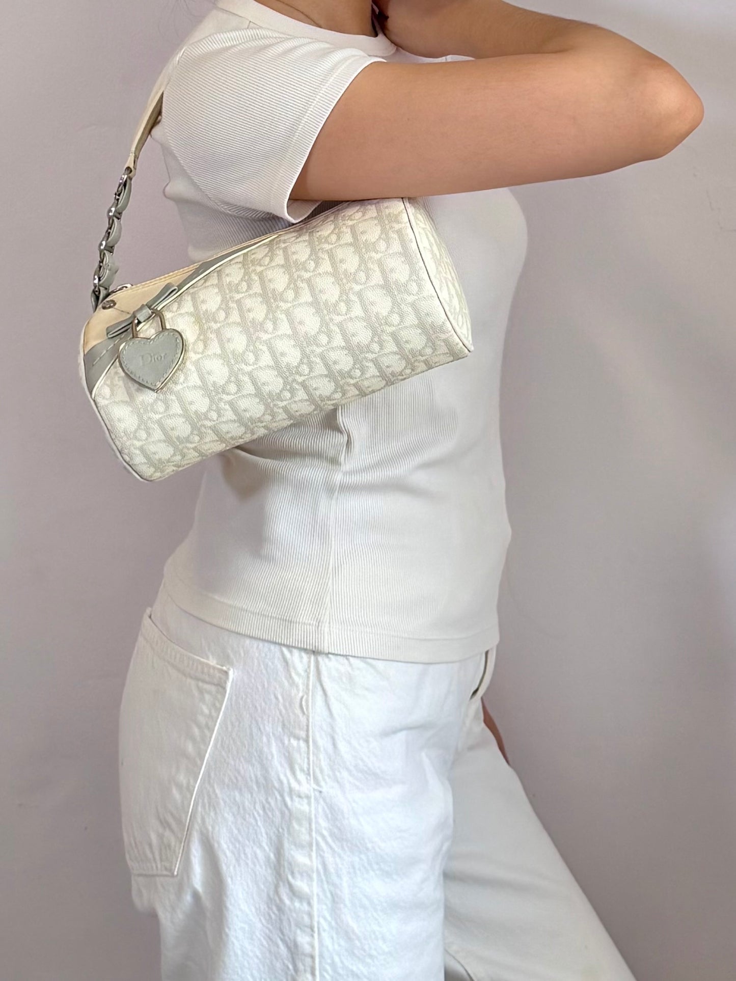 Authentic Vintage Christian Dior by John Galliano White x Grey Trotter Romantic Mini Boston Barrel Bag