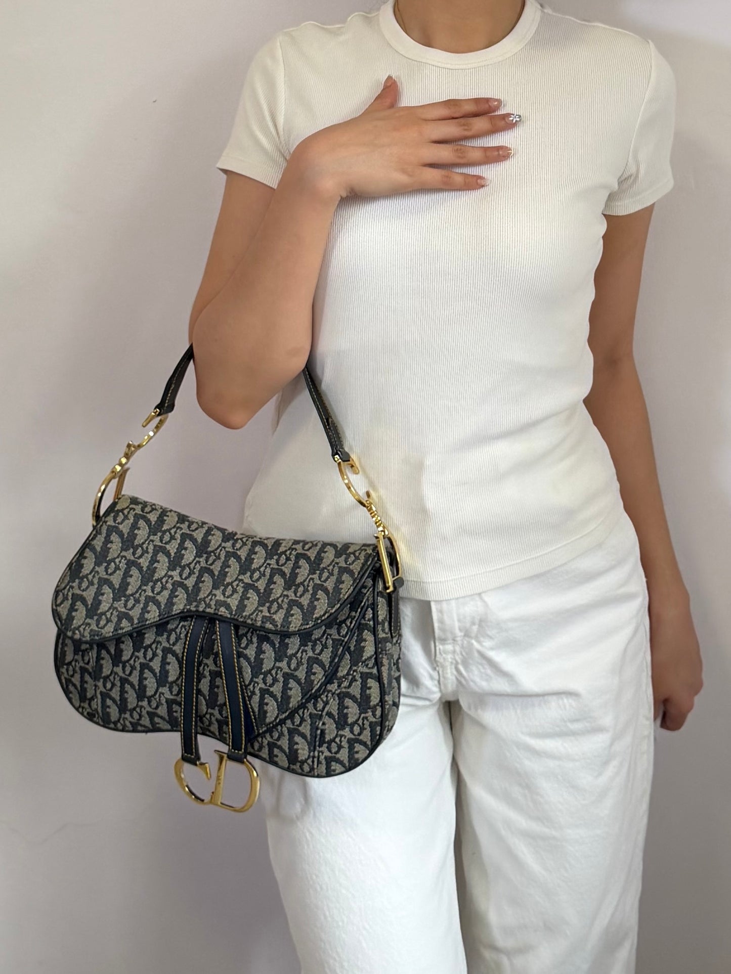 Authentic Vintage Christian Dior by John Galliano Navy Trotter Oblique Canvas Double Saddle Bag