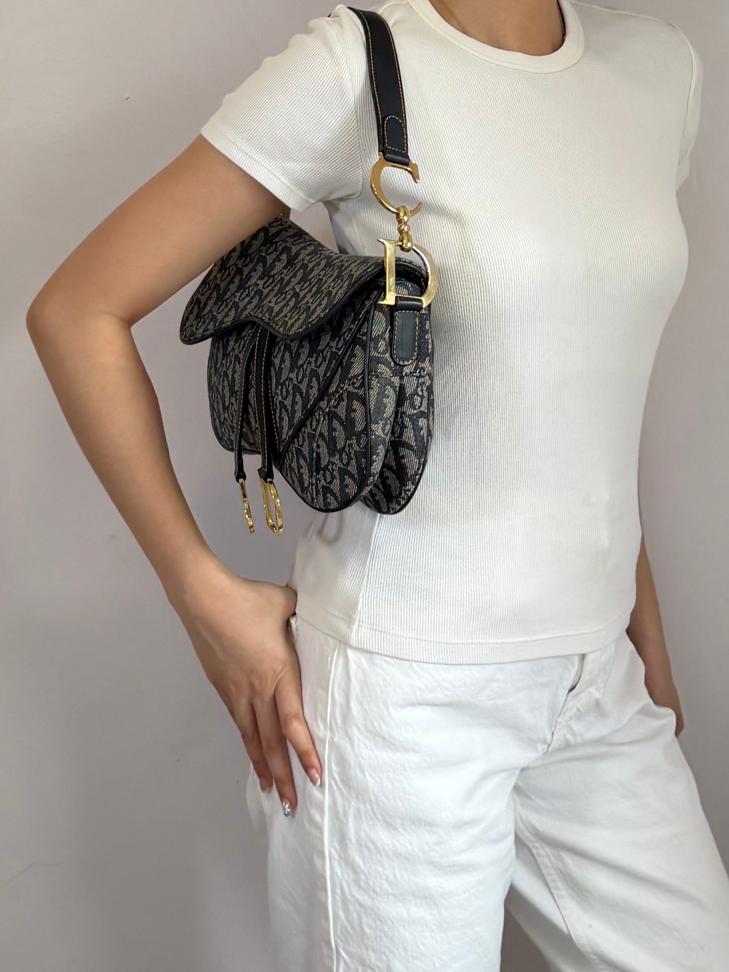 Authentic Vintage Christian Dior by John Galliano Navy Trotter Oblique Canvas Double Saddle Bag