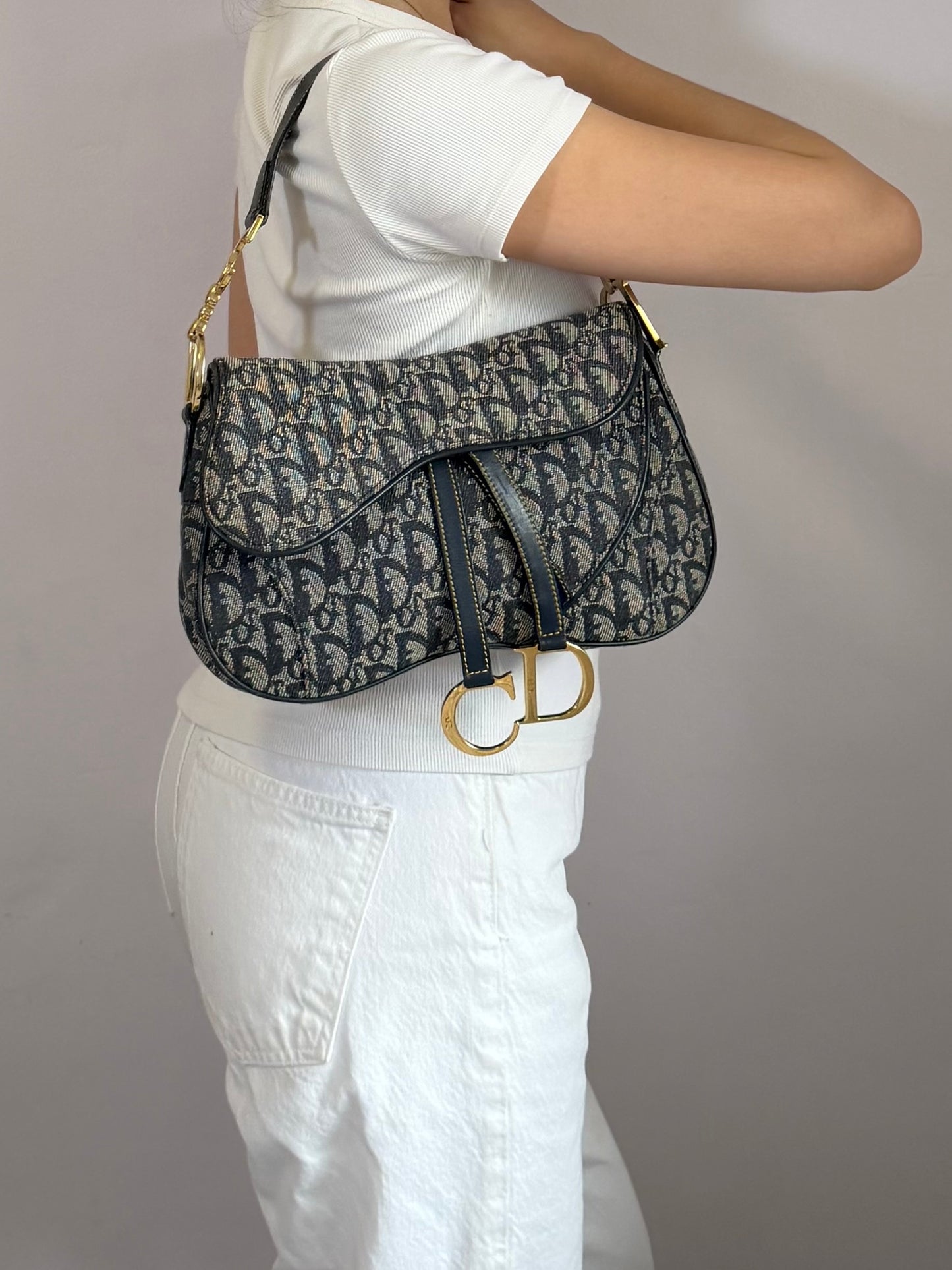 Authentic Vintage Christian Dior by John Galliano Navy Trotter Oblique Canvas Double Saddle Bag