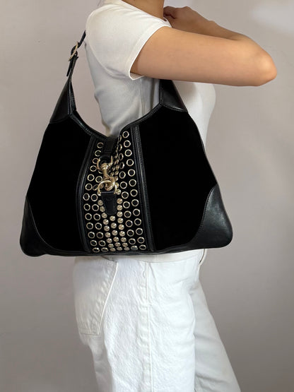 Authentic Vintage Gucci by Tom Ford Black Suede Studded Jackie Bouvier Medium Hobo Bag