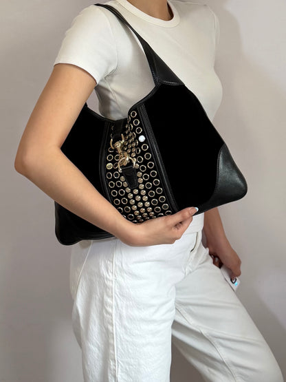 Authentic Vintage Gucci by Tom Ford Black Suede Studded Jackie Bouvier Medium Hobo Bag