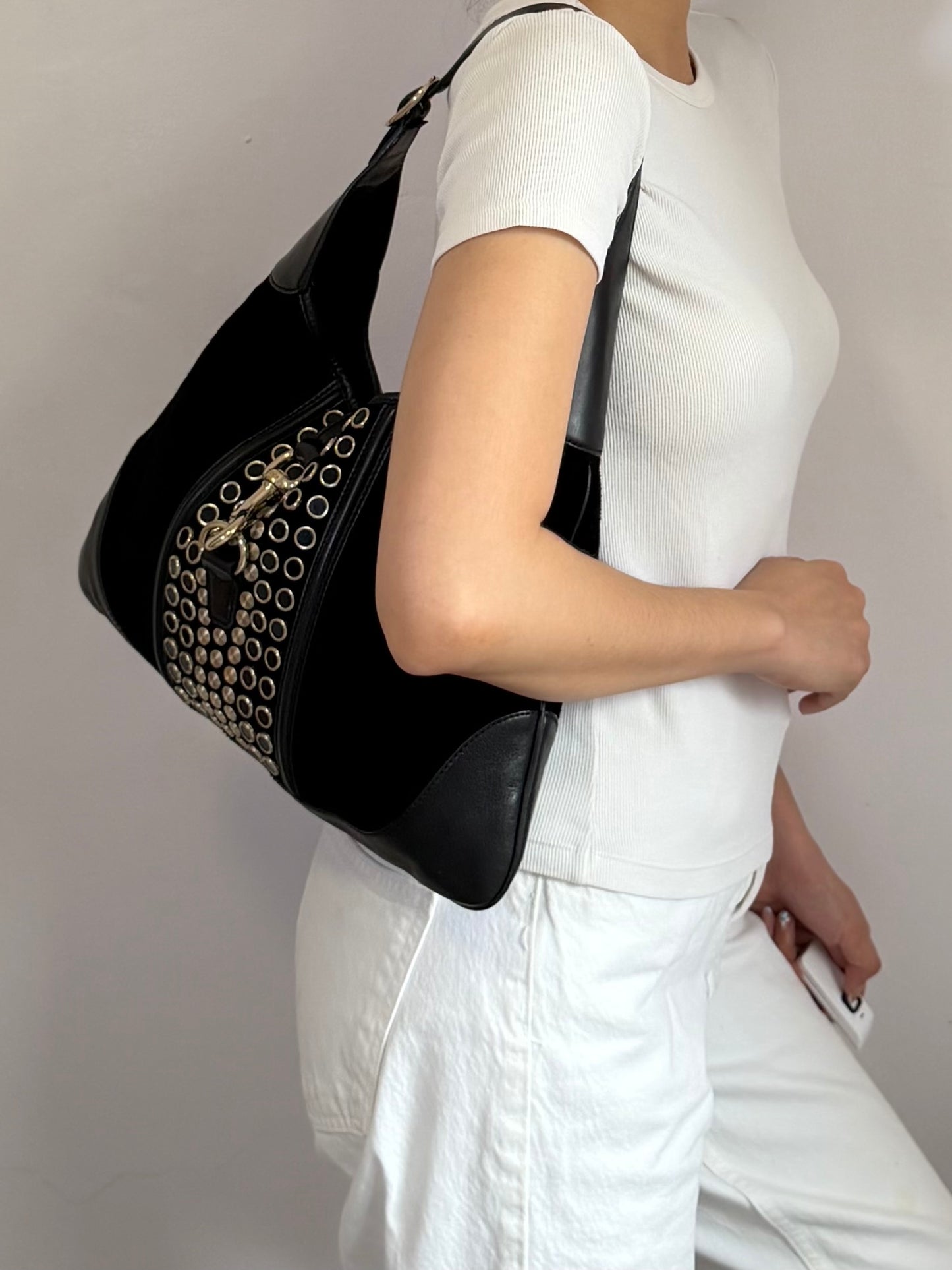 Authentic Vintage Gucci by Tom Ford Black Suede Studded Jackie Bouvier Medium Hobo Bag