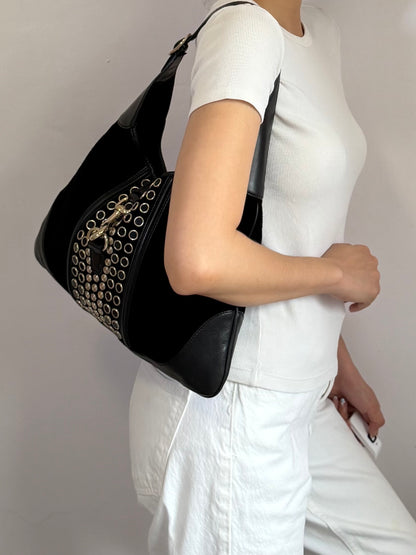 Authentic Vintage Gucci by Tom Ford Black Suede Studded Jackie Bouvier Medium Hobo Bag
