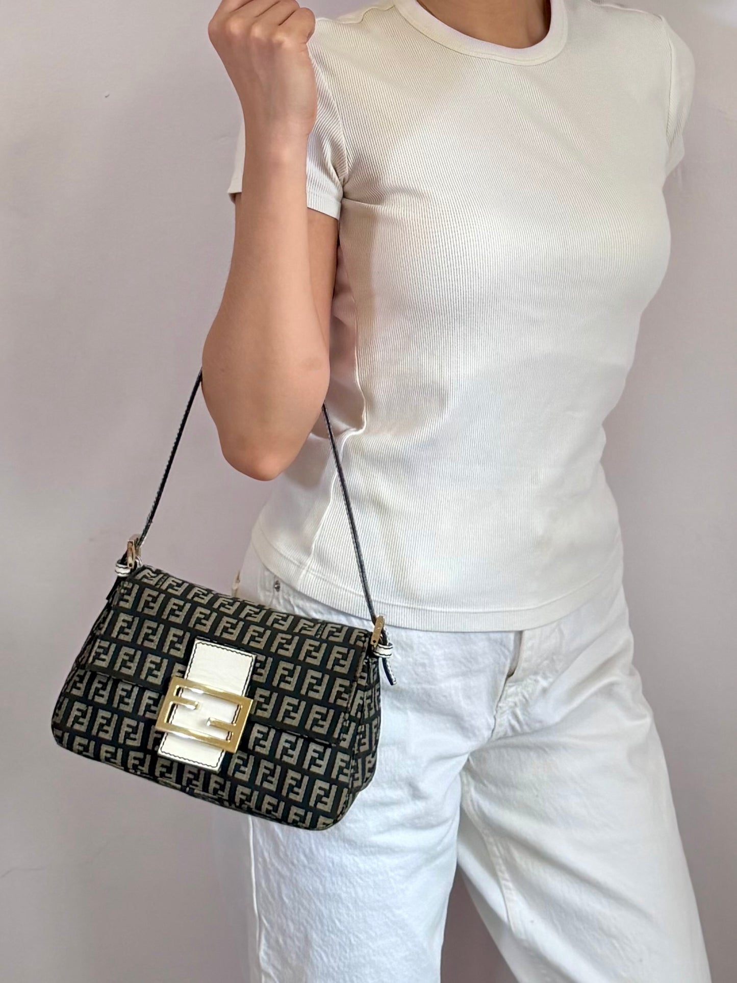 Authentic Vintage Fendi Dark Blue Zucchino Canvas Mini Mamma Baguette Shoulder Bag
