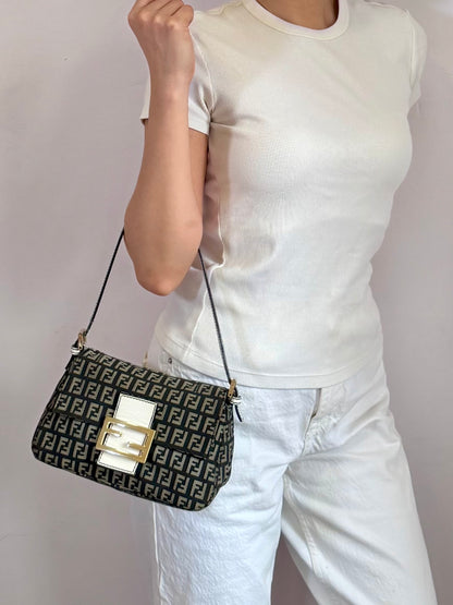Authentic Vintage Fendi Dark Blue Zucchino Canvas Mini Mamma Baguette Shoulder Bag