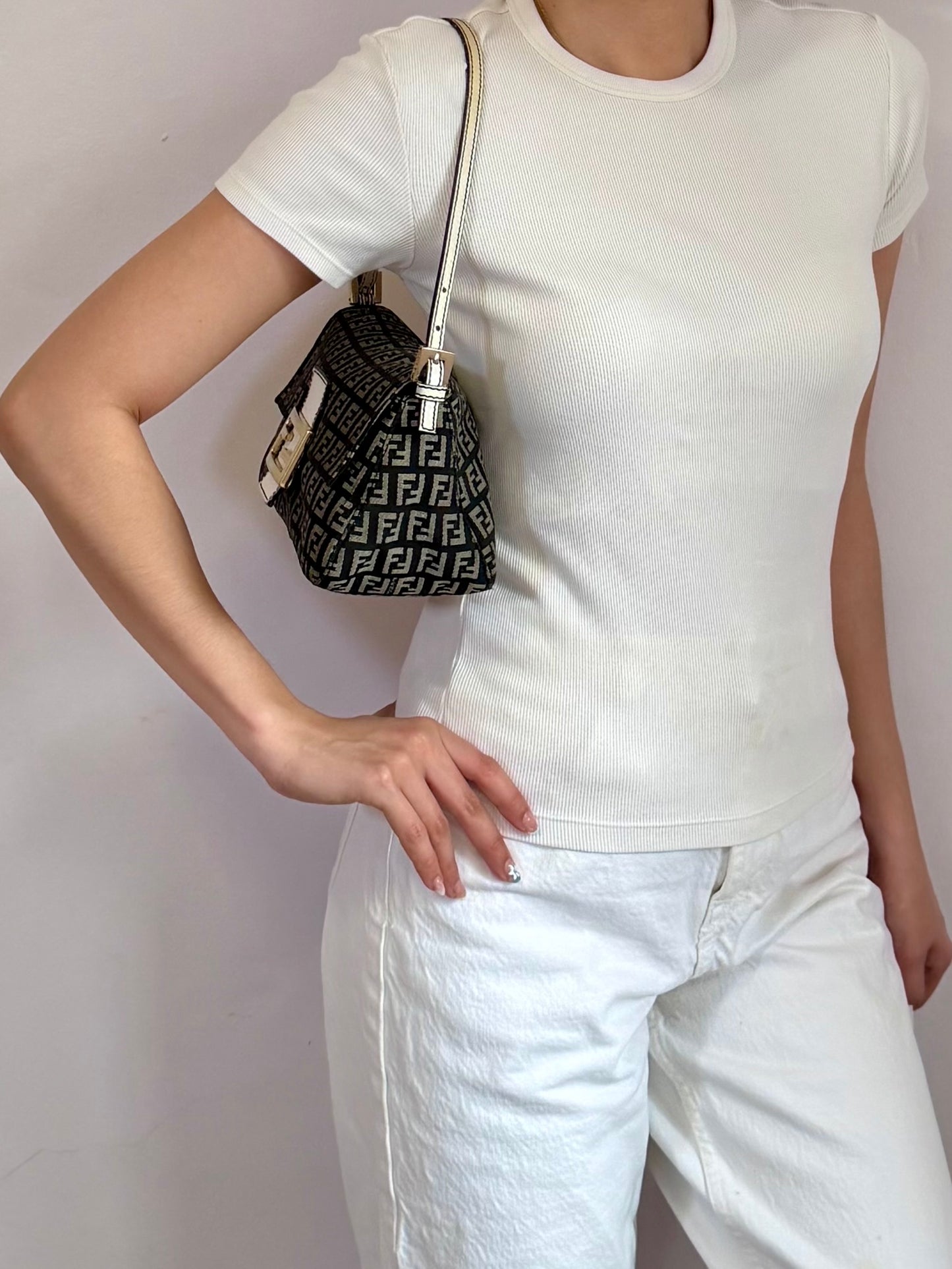 Authentic Vintage Fendi Dark Blue Zucchino Canvas Mini Mamma Baguette Shoulder Bag