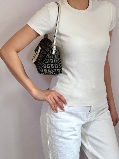 Authentic Vintage Fendi Dark Blue Zucchino Canvas Mini Mamma Baguette Shoulder Bag