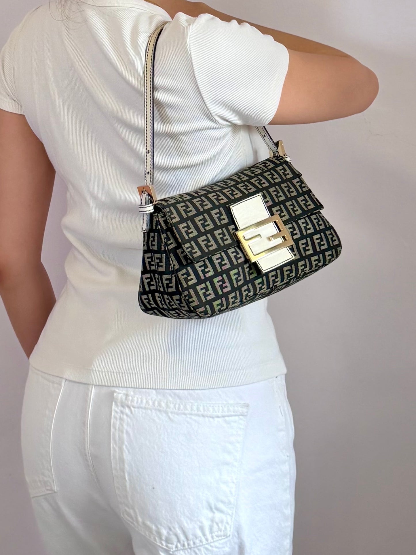 Authentic Vintage Fendi Dark Blue Zucchino Canvas Mini Mamma Baguette Shoulder Bag