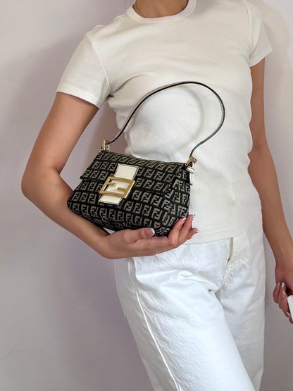 Authentic Vintage Fendi Dark Blue Zucchino Canvas Mini Mamma Baguette Shoulder Bag