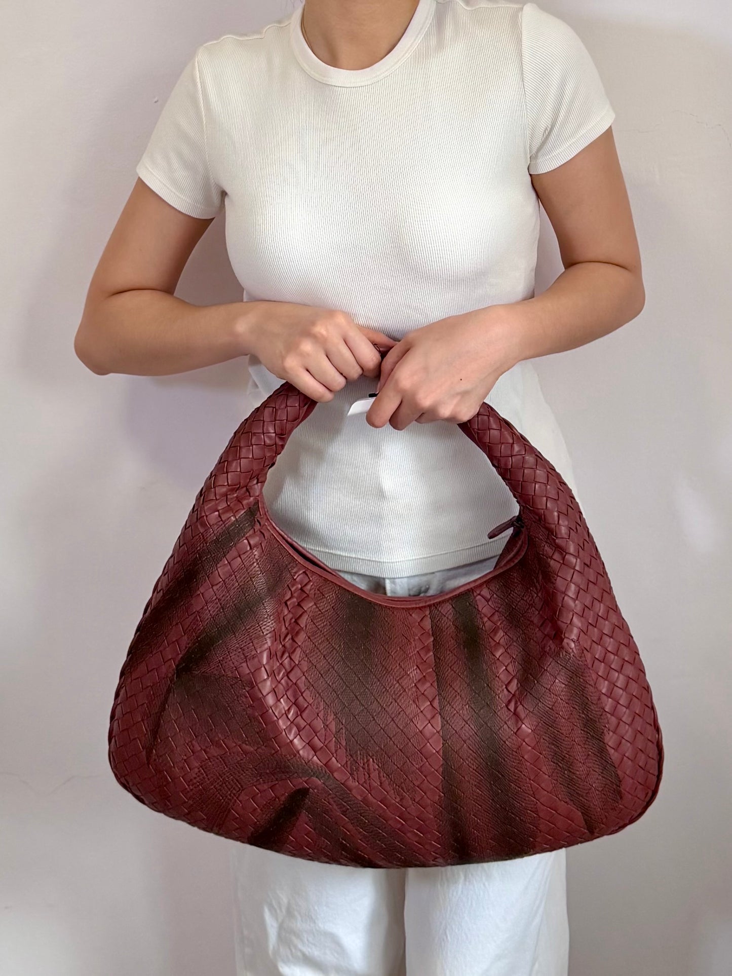 Authentic Vintage Bottega Veneta Burgundy Intrecciato Woven Nappa Leather Embroidered Large Hobo Bag