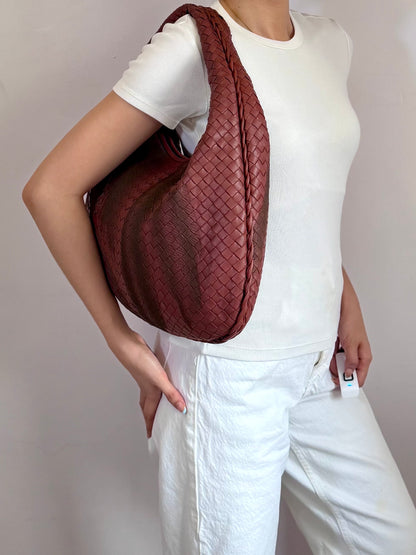 Authentic Vintage Bottega Veneta Burgundy Intrecciato Woven Nappa Leather Embroidered Large Hobo Bag