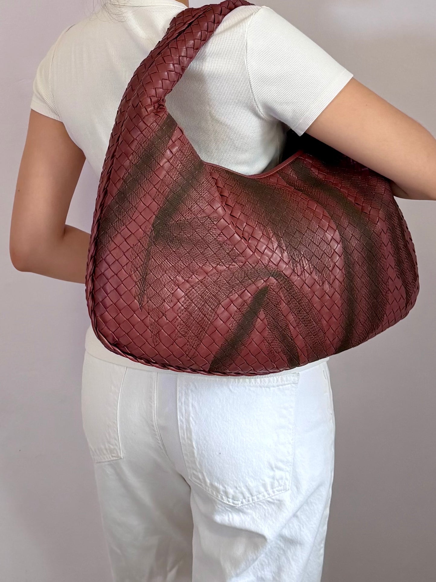 Authentic Vintage Bottega Veneta Burgundy Intrecciato Woven Nappa Leather Embroidered Large Hobo Bag