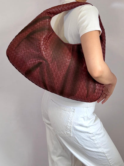 Authentic Vintage Bottega Veneta Burgundy Intrecciato Woven Nappa Leather Embroidered Large Hobo Bag