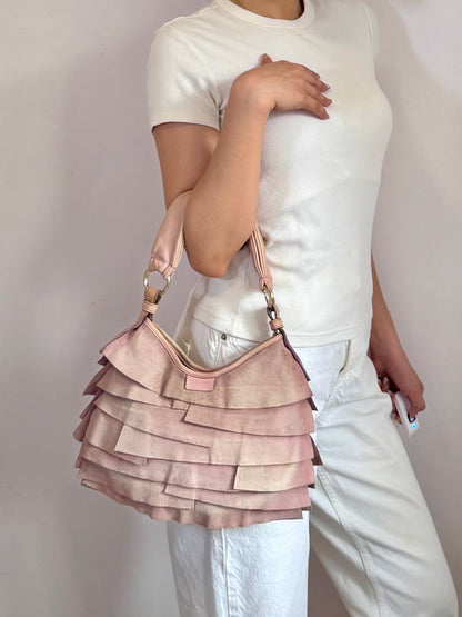 Authentic Vintage Yves Saint Laurent by Tom Ford Pink Suede Ruffle Small St. Tropez Shoulder Bag
