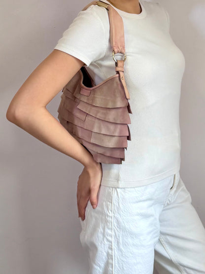 Authentic Vintage Yves Saint Laurent by Tom Ford Pink Suede Ruffle Small St. Tropez Shoulder Bag