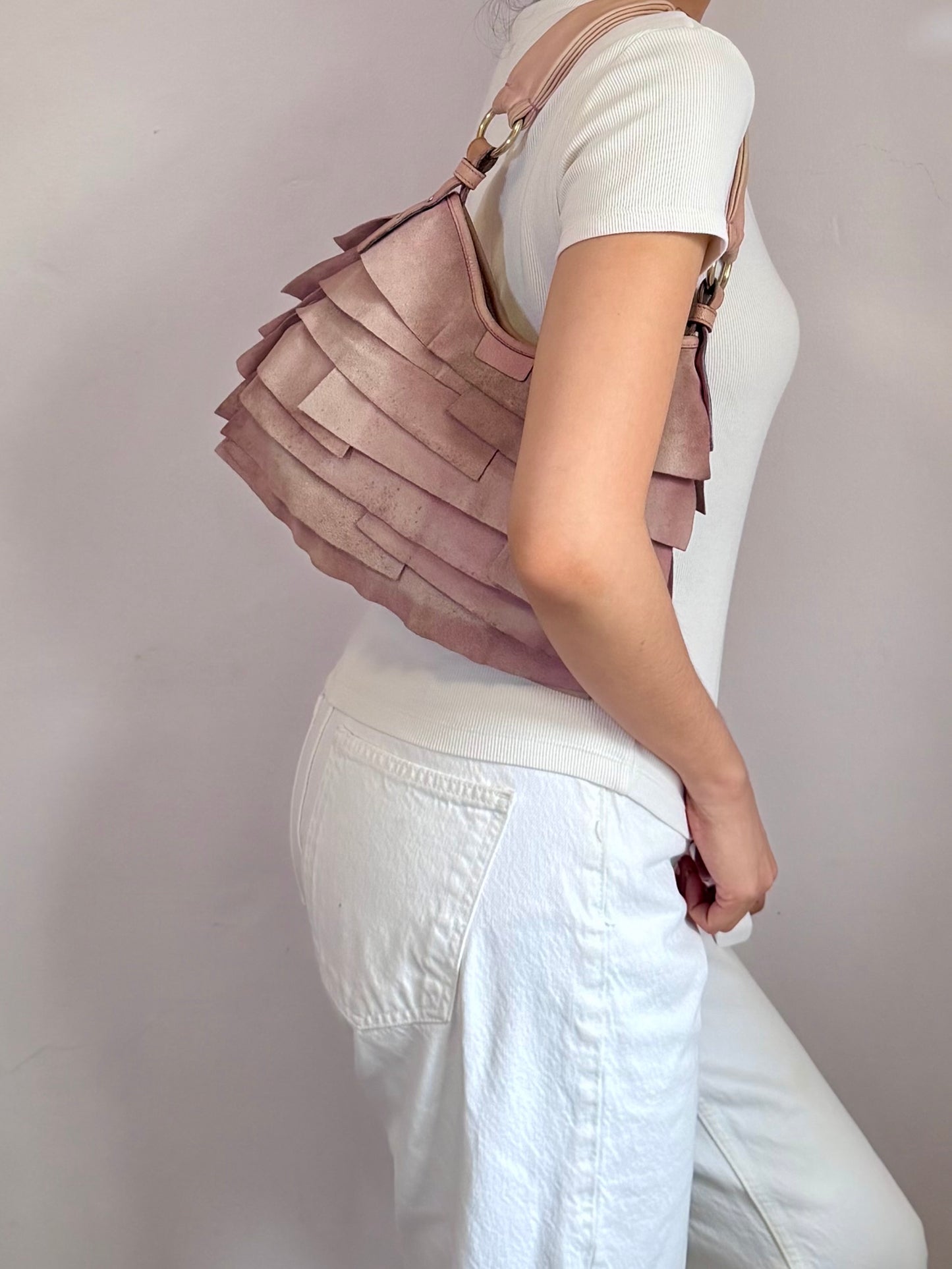 Authentic Vintage Yves Saint Laurent by Tom Ford Pink Suede Ruffle Small St. Tropez Shoulder Bag