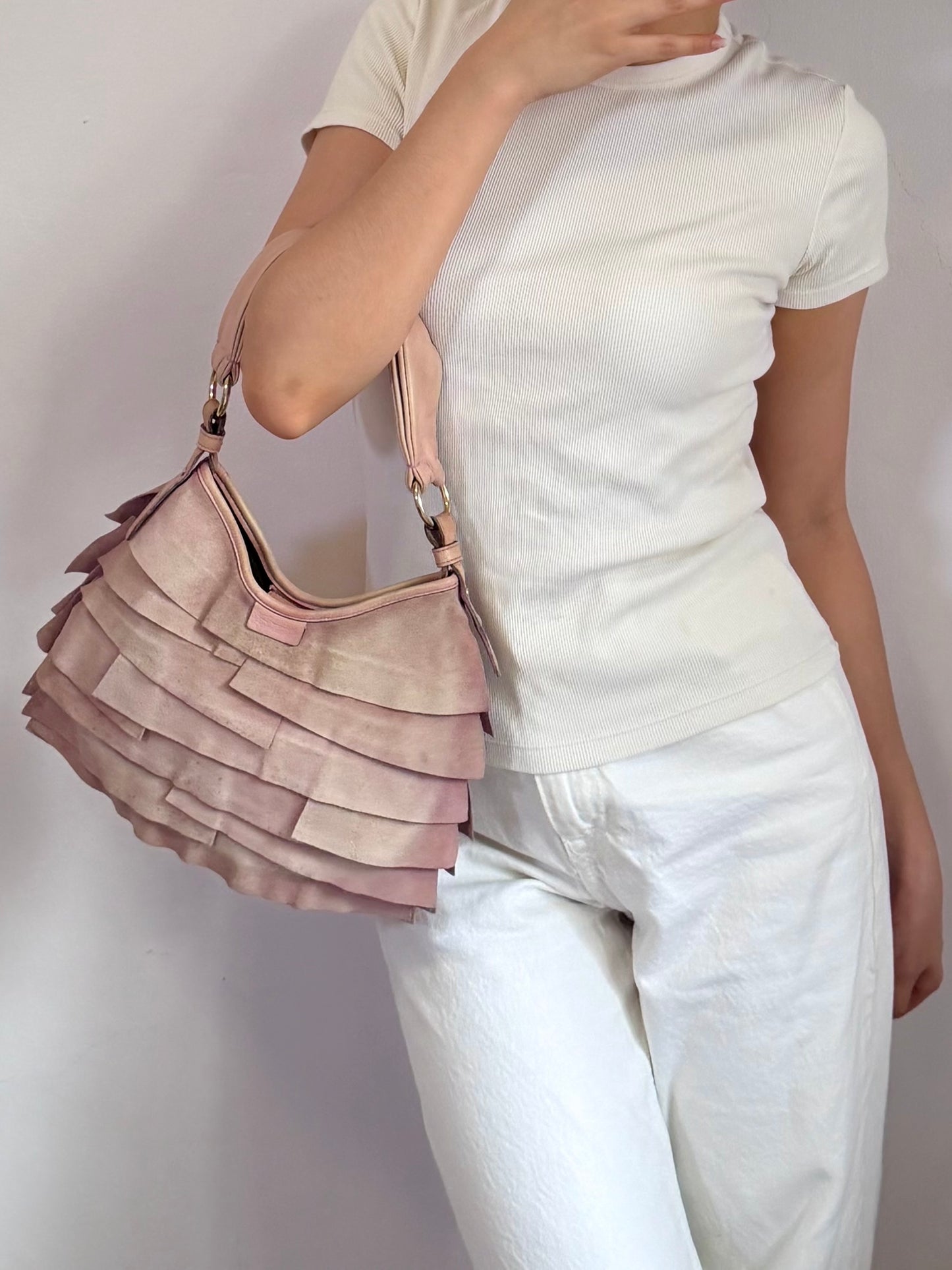 Authentic Vintage Yves Saint Laurent by Tom Ford Pink Suede Ruffle Small St. Tropez Shoulder Bag