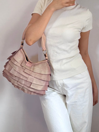 Authentic Vintage Yves Saint Laurent by Tom Ford Pink Suede Ruffle Small St. Tropez Shoulder Bag