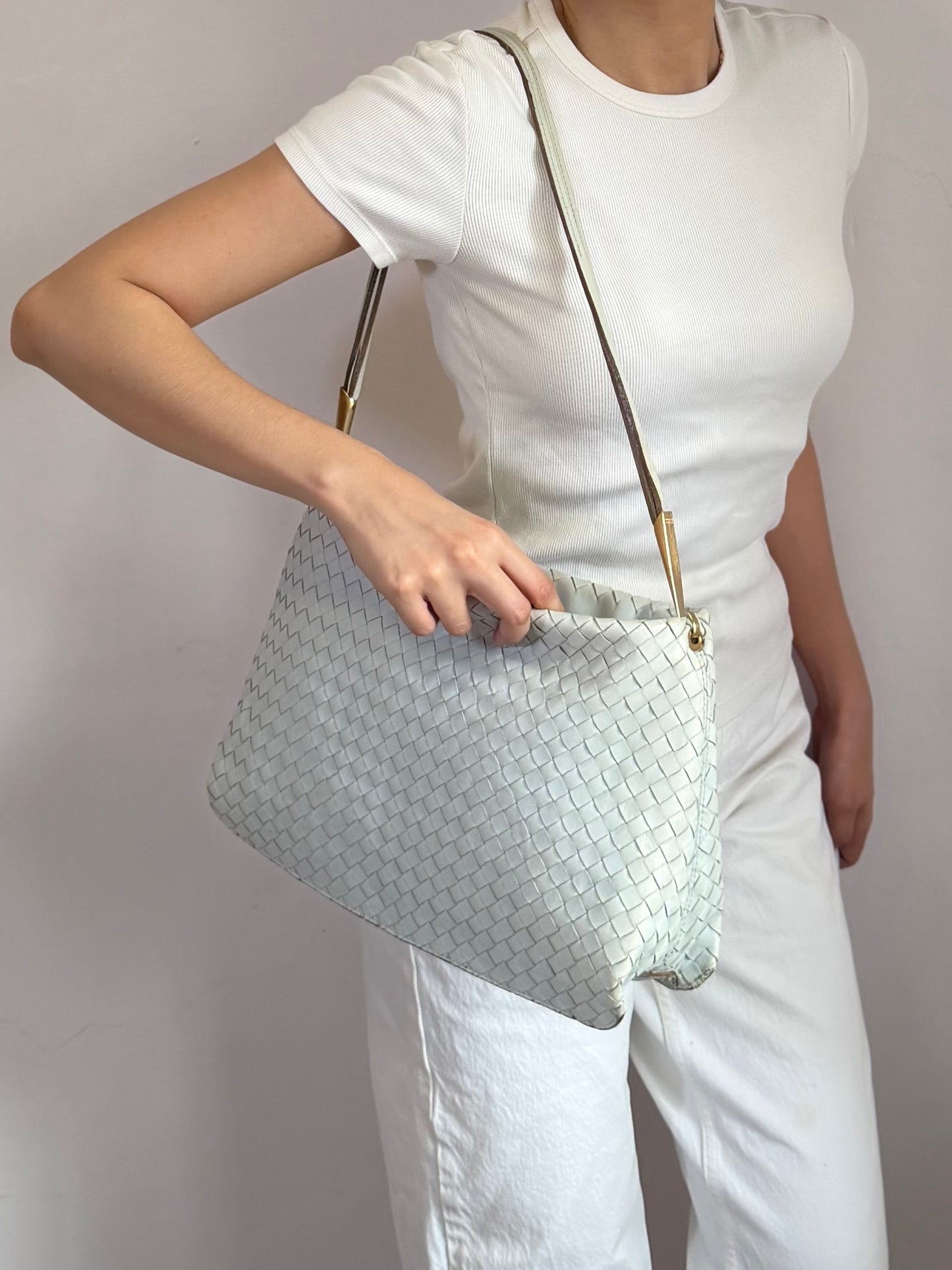 Authentic Vintage Bottega Veneta Light Blue Intrecciato Long Dual Strap Shoulder Bag