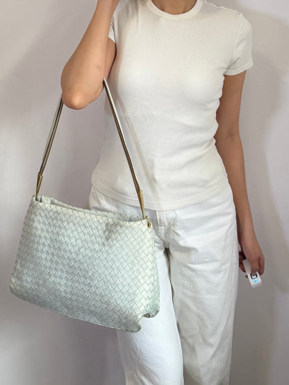 Authentic Vintage Bottega Veneta Light Blue Intrecciato Long Dual Strap Shoulder Bag