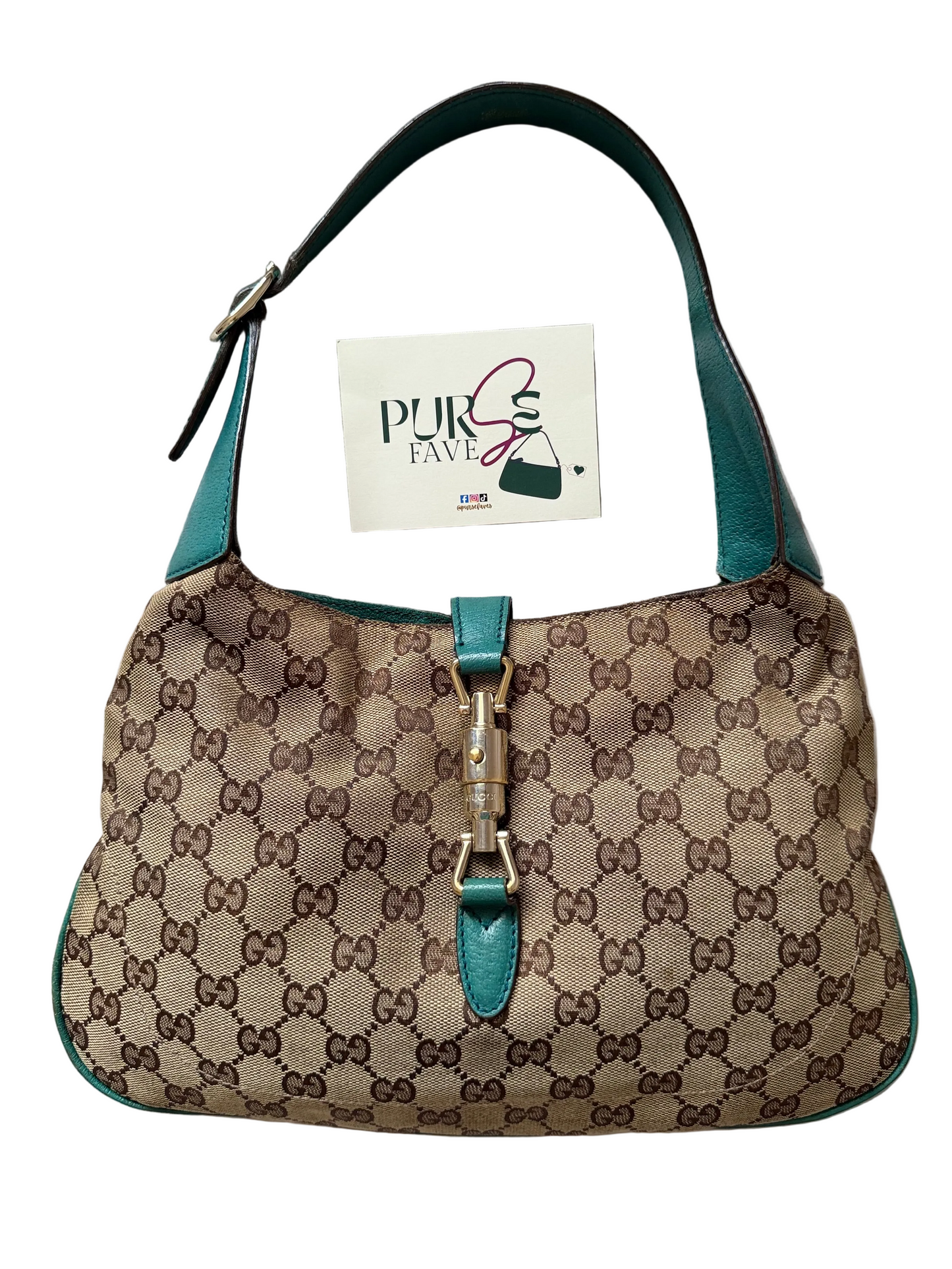 Authentic GUCCI Jackie 1961 Medium Beige GG Canvas x Teal Leather Trims Hobo Shoulder Bag