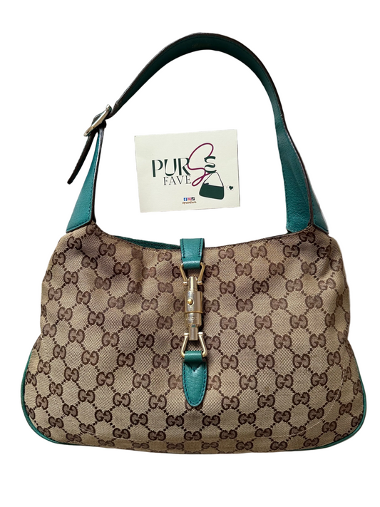 Authentic GUCCI Jackie 1961 Medium Beige GG Canvas x Teal Leather Trims Hobo Shoulder Bag
