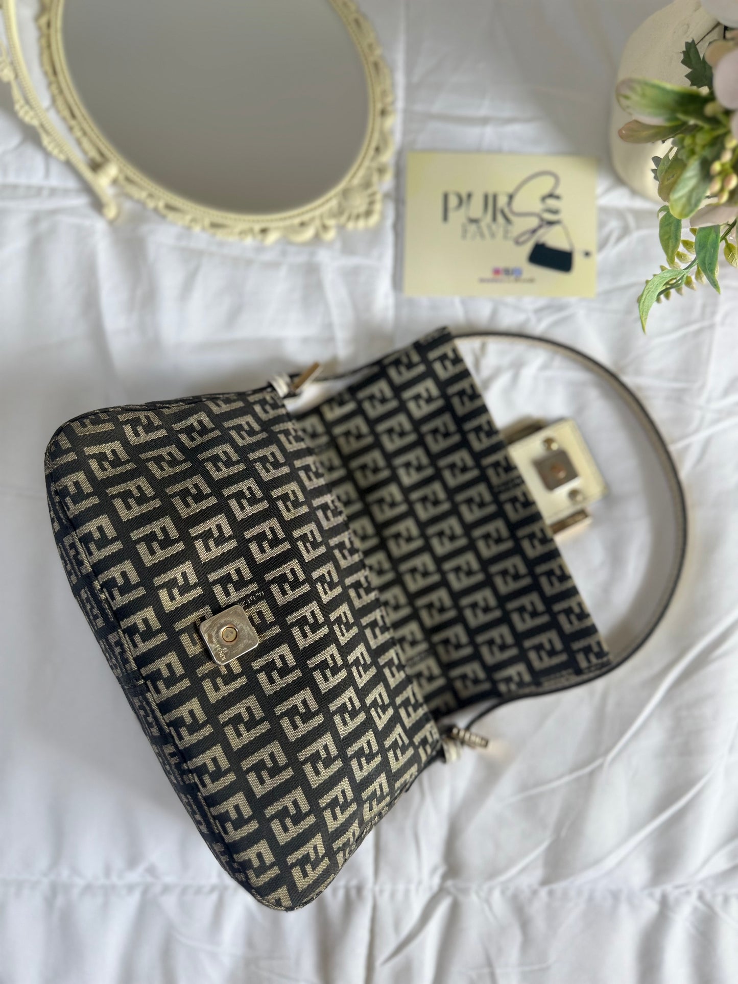 Authentic Vintage Fendi Dark Blue Zucchino Canvas Mini Mamma Baguette Shoulder Bag