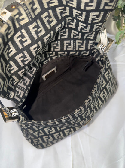 Authentic Vintage Fendi Dark Blue Zucchino Canvas Mini Mamma Baguette Shoulder Bag
