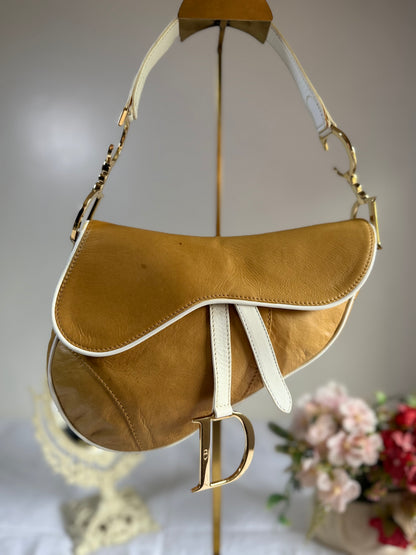 Authentic Vintage Christian Dior by John Galliano Tan Calfskin x White Leather Saddle Bag