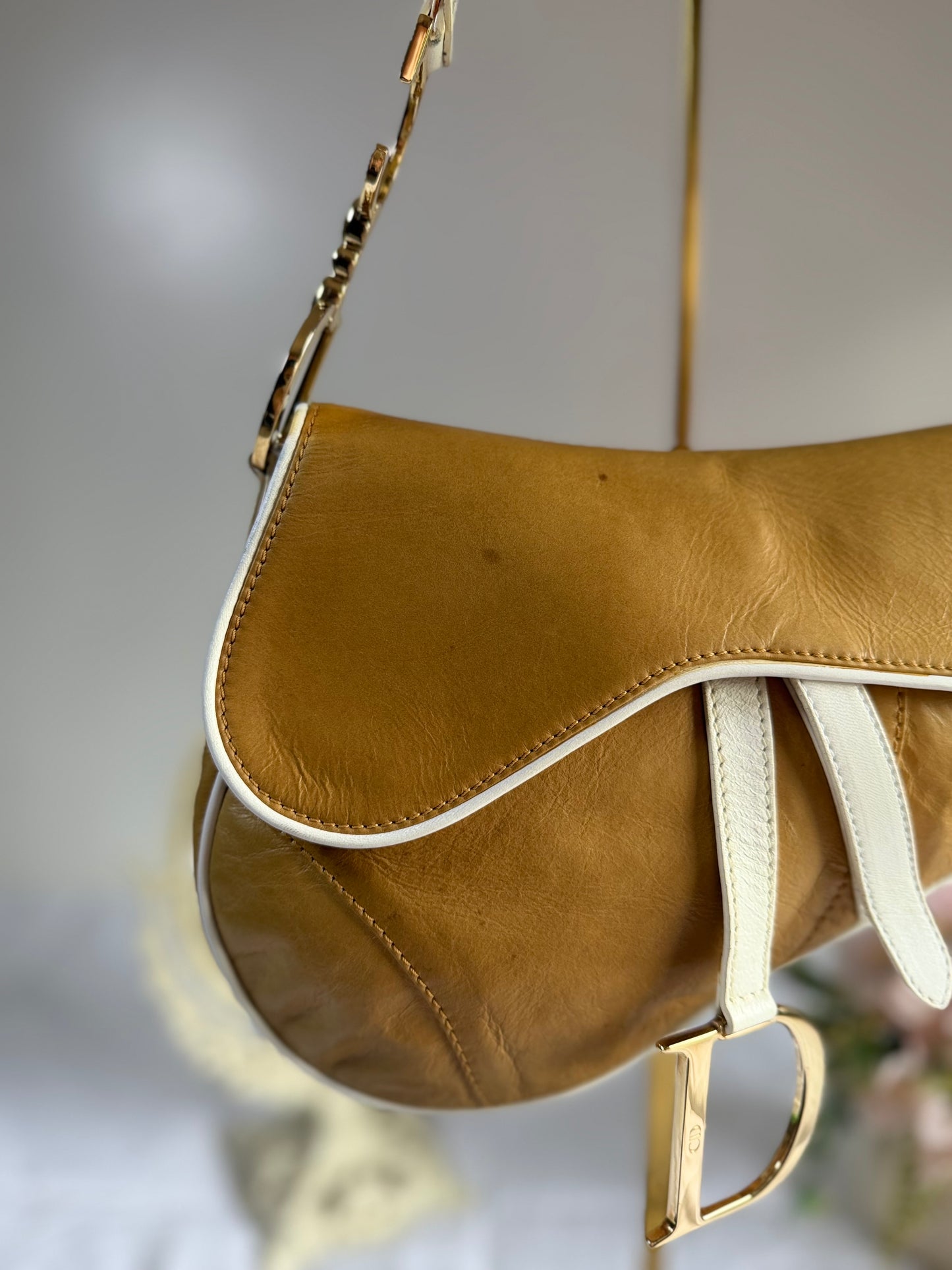 Authentic Vintage Christian Dior by John Galliano Tan Calfskin x White Leather Saddle Bag