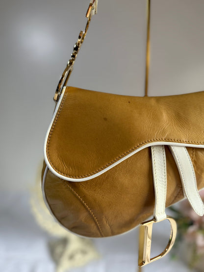 Authentic Vintage Christian Dior by John Galliano Tan Calfskin x White Leather Saddle Bag