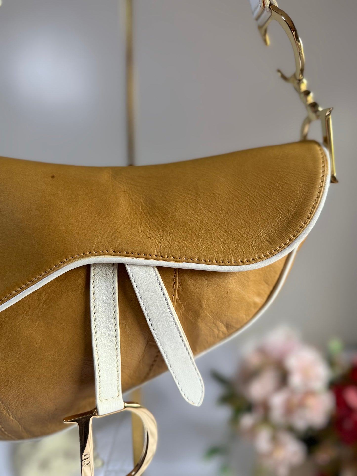 Authentic Vintage Christian Dior by John Galliano Tan Calfskin x White Leather Saddle Bag
