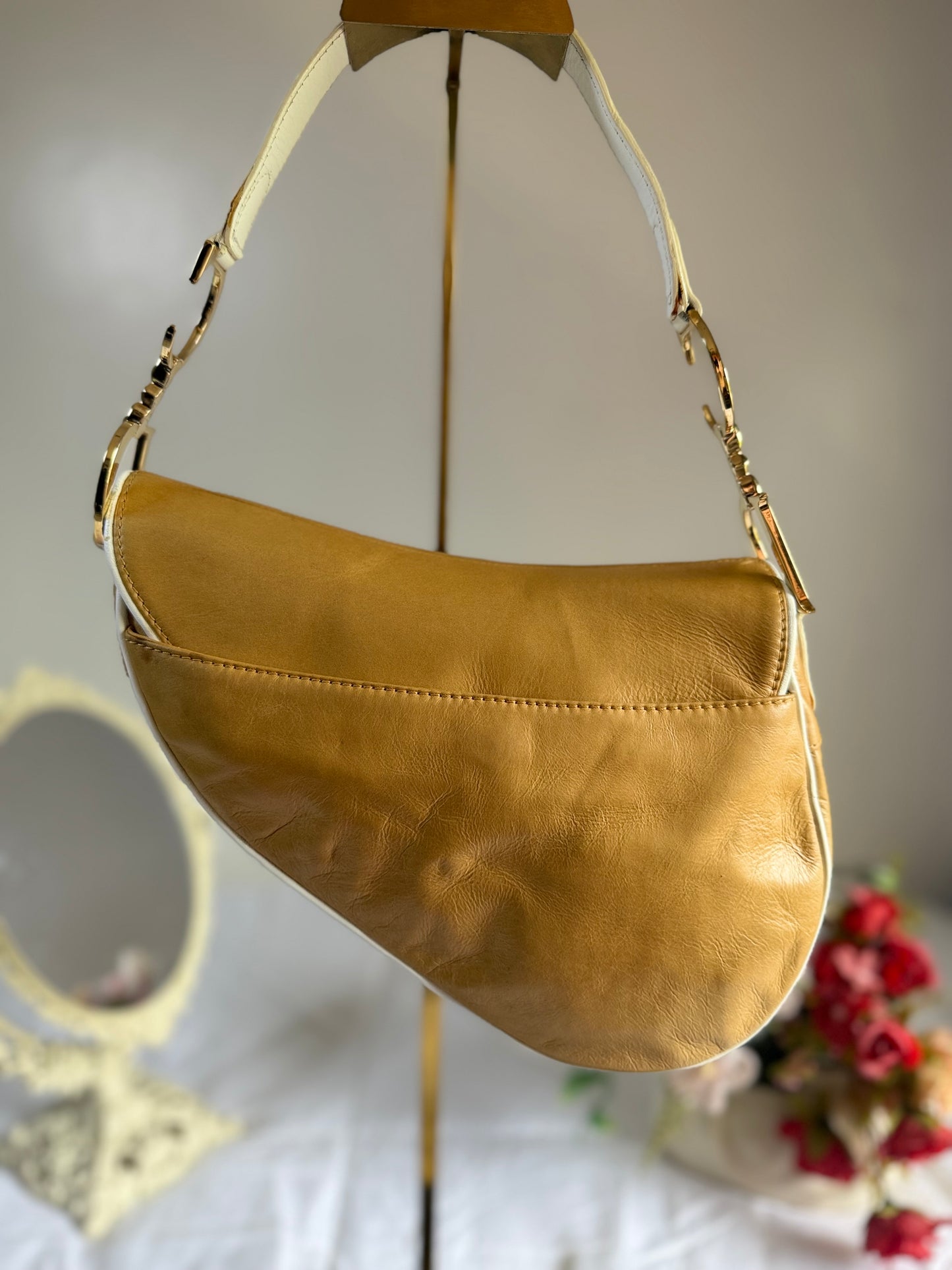 Authentic Vintage Christian Dior by John Galliano Tan Calfskin x White Leather Saddle Bag