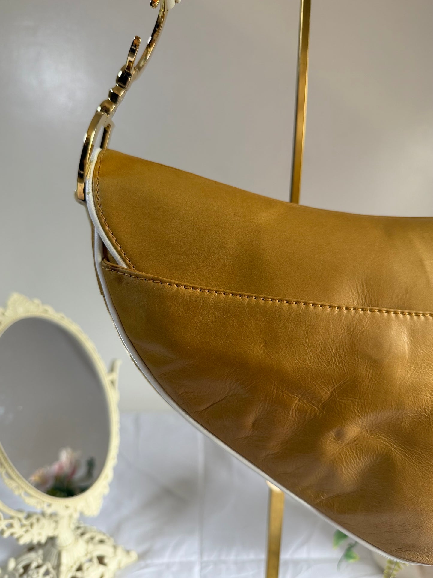 Authentic Vintage Christian Dior by John Galliano Tan Calfskin x White Leather Saddle Bag
