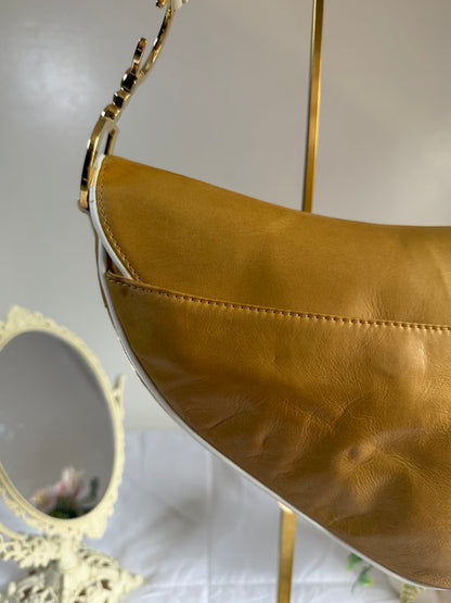 Authentic Vintage Christian Dior by John Galliano Tan Calfskin x White Leather Saddle Bag