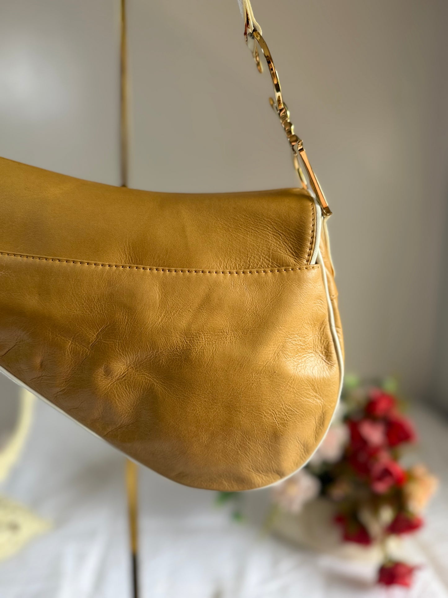 Authentic Vintage Christian Dior by John Galliano Tan Calfskin x White Leather Saddle Bag