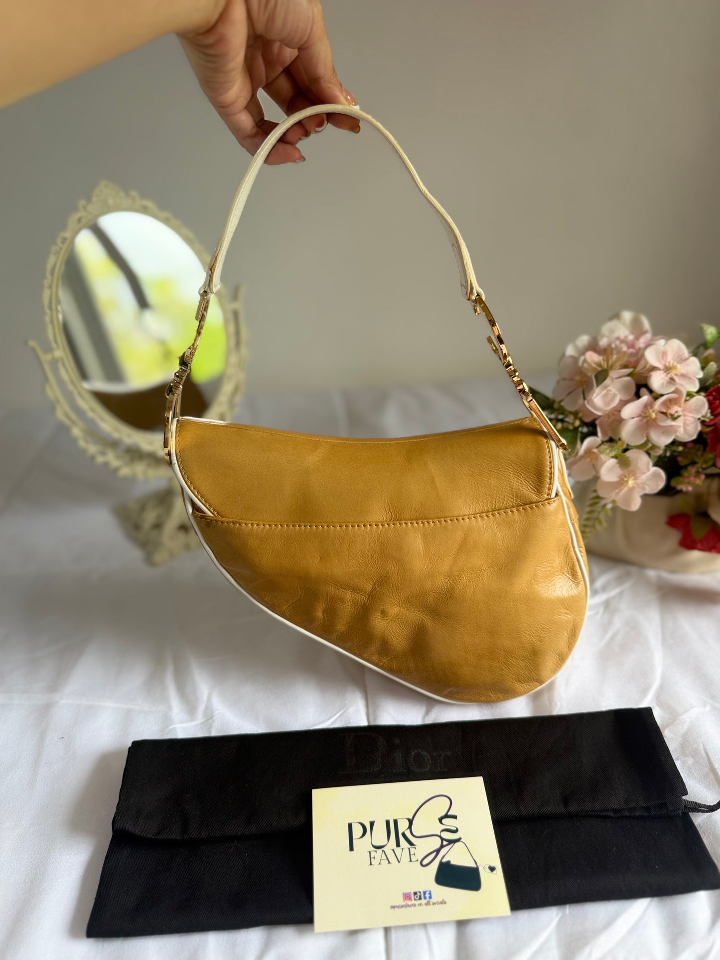 Authentic Vintage Christian Dior by John Galliano Tan Calfskin x White Leather Saddle Bag