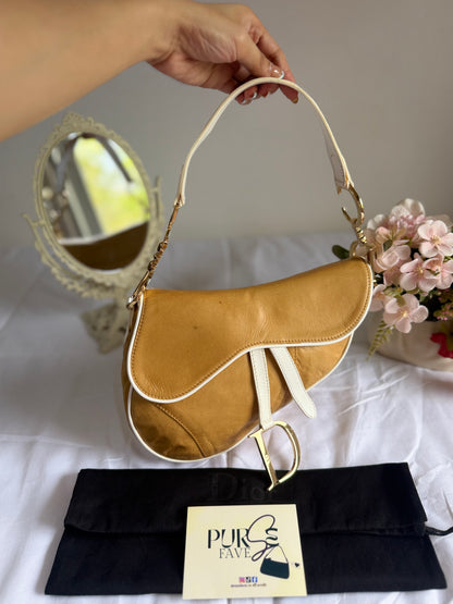 Authentic Vintage Christian Dior by John Galliano Tan Calfskin x White Leather Saddle Bag