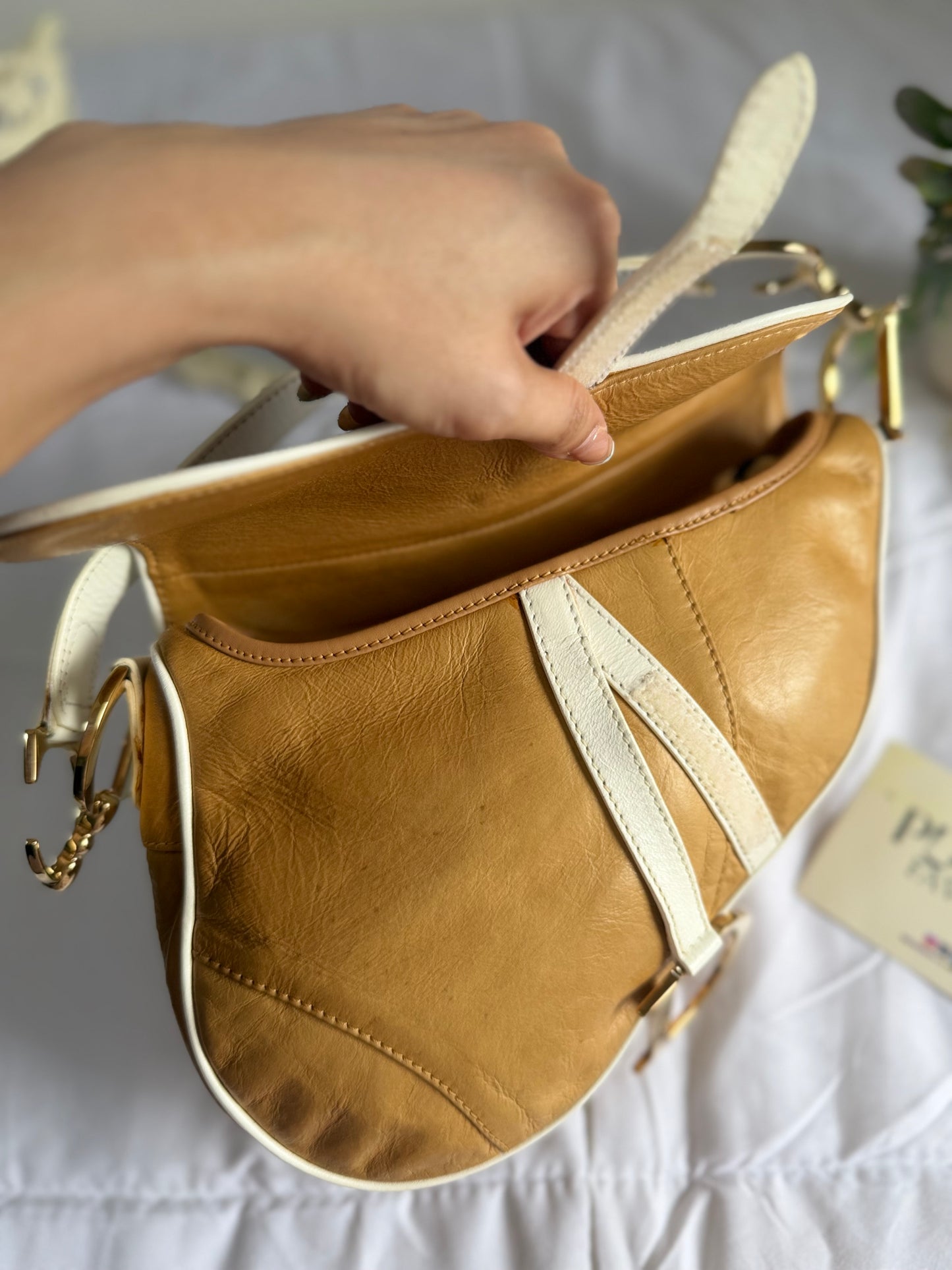 Authentic Vintage Christian Dior by John Galliano Tan Calfskin x White Leather Saddle Bag