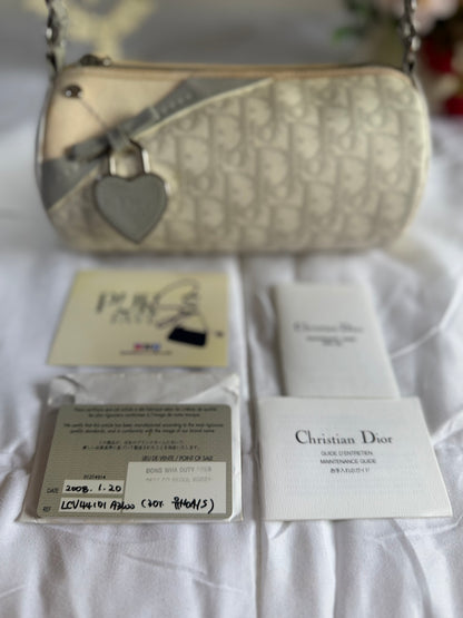 Authentic Vintage Christian Dior by John Galliano White x Grey Trotter Romantic Mini Boston Barrel Bag